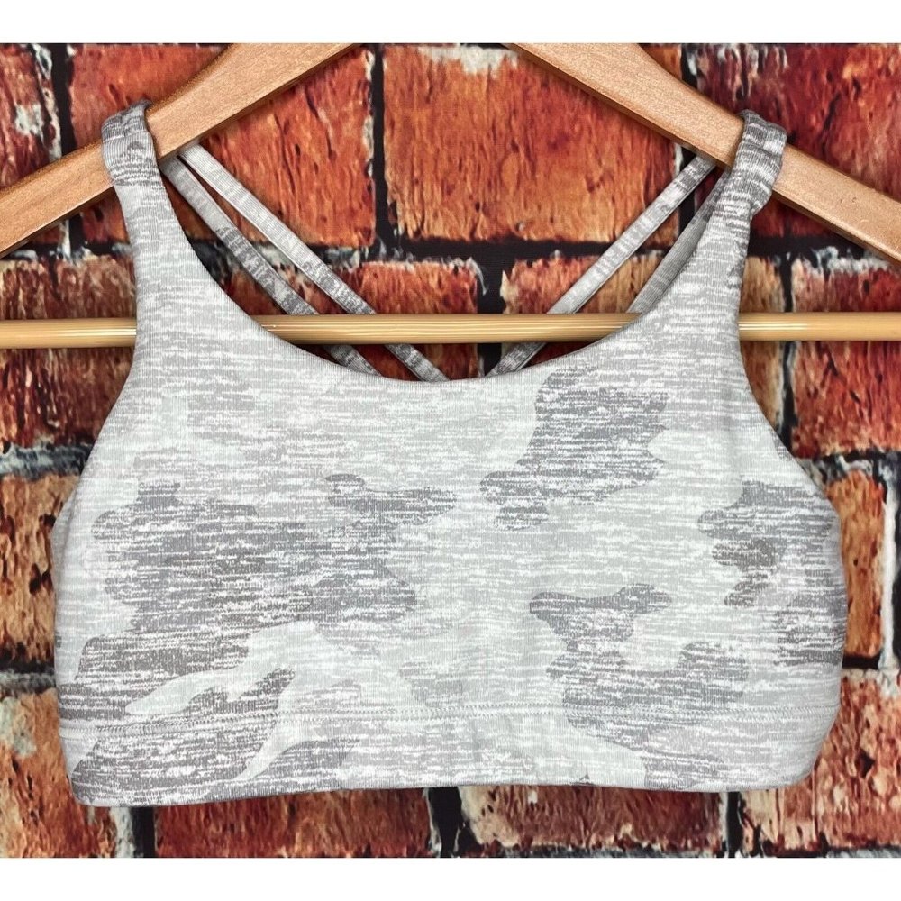 Athleta Girl Gray Camouflage Printed Upbeat 2.0 Strappy Sports Bra Medium 8-10